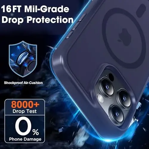 MOCCA iPhone 16 Pro uchun kuchli magnitli telefon qutisi, [Magsafe bilan mos][16FT harbiy darajadagi tushishdan himoya] Yupqa yarim shaffof mat qoplamali himoya qutisi, iPhone 16 Pro uchun quti, to'q ko'k - 4