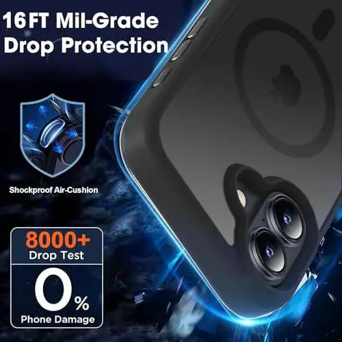 MOCCA iPhone 16 uchun kuchli magnitli gʻilof, [Magsafe bilan mos keladi] [16FT harbiy standartga mos tushishdan himoya] Yupqa yarim shaffof matli himoya gʻilof, iPhone 16 telefon gʻilofi 6.1