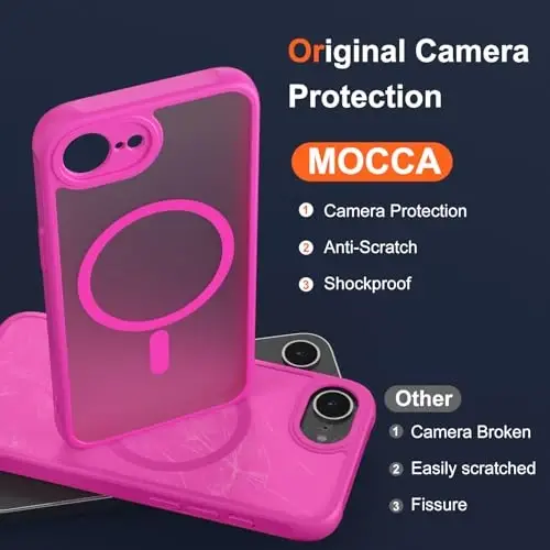 MOCCA Strong Magnetic for iPhone 16e Case [Compatible with Magsafe] [Full Camera Protection] Slim Translucent Matte Shockproof Cover for iPhone 16e Phone Case 6.1'',Hot Pink - 3