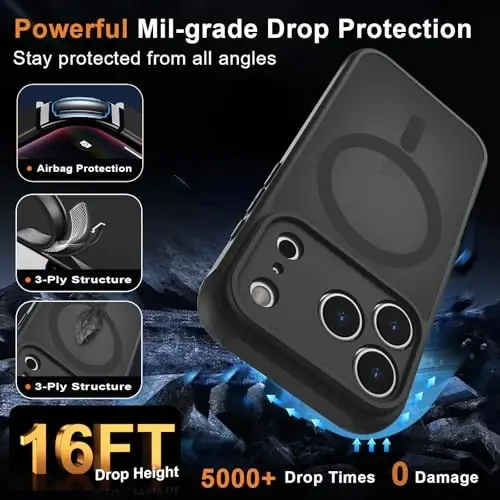 MOCCA Magnetic for iPhone 17 Pro Case, (Magsafe bilan mos) (16FT harbiy darajadagi himoya) To'liq kamera himoyasi Barmoq izlariga qarshi Yupqa yarim shaffof matli telefon qopqog'i 6.3