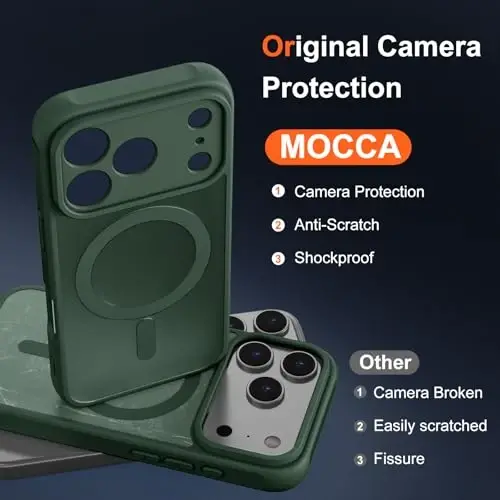 MOCCA Magnetic for iPhone 17 Pro Case, (Magsafe bilan mos) (16FT harbiy standart himoya) To'liq kamera himoyasi Barmoq izlariga qarshi Yupqa yarim shaffof matli telefon qopqog'i 6.3