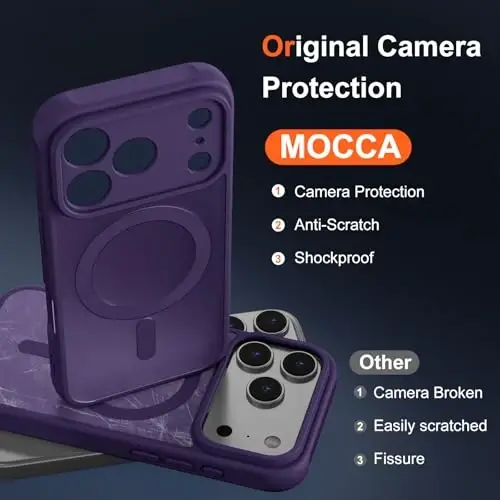 MOCCA Magnetic for iPhone 17 Pro Max Case, (Magsafe bilan mos) (16FT harbiy darajadagi himoya) To'liq kamera himoyasi Barmoq izlariga qarshi Ingichka yarim shaffof matli telefon qopqog'i 6.9