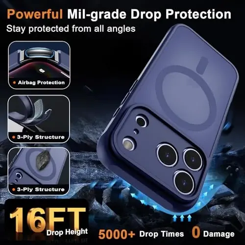 MOCCA Magnetic for iPhone 17 Pro Max Case, (Magsafe bilan mos) (16FT harbiy darajadagi himoya) To'liq kamera himoyasi Barmoq izlariga qarshi Yupqa yarim shaffof matli telefon qopqog'i 6.9