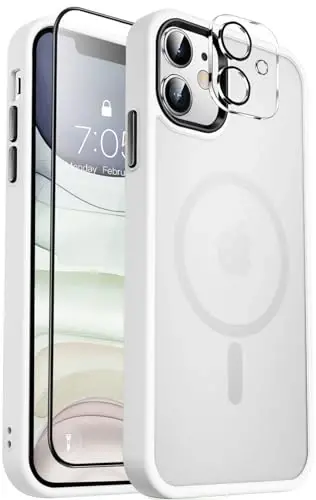 MOCCA Strong Magnetic for iPhone 11 Case,[Compatible with Magsafe][Glass Screen Protector+Camera Lens Protector] Slim Thin Shockproof Cover Case for iPhone 11 6.1 inch, Frosted White 