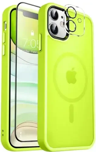 MOCCA Strong Magnetic for iPhone 11 Phone Case,[Compatible with Magsafe][Glass Screen Protector+Camera Lens Protector] Slim Thin Shockproof Cover Case for iPhone 11 6.1 inch, Fluorescent Green - MOCCA