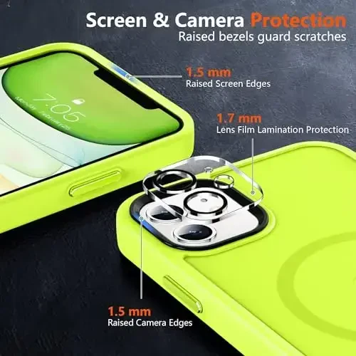 MOCCA Strong Magnetic for iPhone 11 Phone Case,[Compatible with Magsafe][Glass Screen Protector+Camera Lens Protector] Slim Thin Shockproof Cover Case for iPhone 11 6.1 inch, Fluorescent Green - 5
