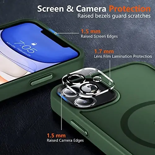 MOCCA Strong Magnetic for iPhone 11 Phone Case,[Compatible with Magsafe][Glass Screen Protector+Camera Lens Protector] Slim Thin Shockproof Cover Case for iPhone 11 6.1 inch, Midnight Green - 5
