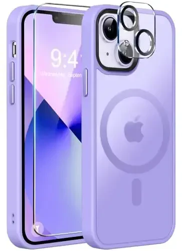 MOCCA Strong Magnetic for iPhone 13 Case, [Compatible with Magsafe][Screen Protector+Camera Lens Protector] Translucent Matte Back Slim Shockproof Case for iPhone 13 Phone Case 6.1