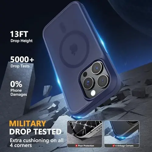 MOCCA Strong Magnetic for iPhone 15 Pro Case, [Compatible with Magsafe][13FT Military Drop Protection] Slim Translucent Matte Shockproof Case for iPhone 15 Pro Phone Case 6.1'', Deep Blue - 4