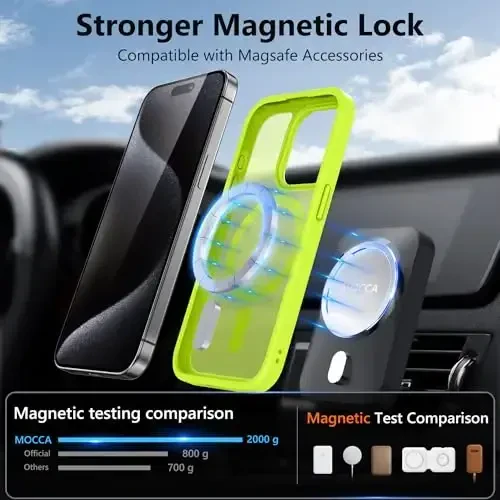 MOCCA Strong Magnetic for iPhone 15 Pro Case, [Compatible with Magsafe][13FT Military Drop Protection] Slim Translucent Matte Shockproof Case for iPhone 15 Pro Phone Case 6.1'', Fluorescent Green - 2