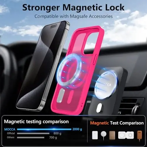 MOCCA Strong Magnetic for iPhone 15 Pro Case, [Compatible with Magsafe][13FT Military Drop Protection] Slim Translucent Matte Shockproof Case for iPhone 15 Pro Phone Case 6.1'', Hot Pink - 2