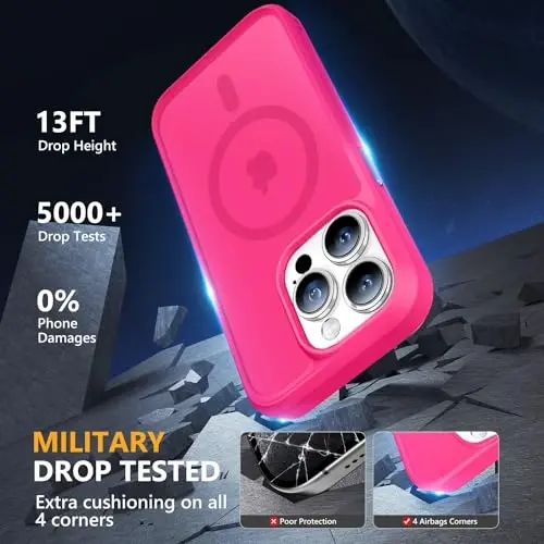 MOCCA Strong Magnetic for iPhone 15 Pro Case, [Compatible with Magsafe][13FT Military Drop Protection] Slim Translucent Matte Shockproof Case for iPhone 15 Pro Phone Case 6.1'', Hot Pink - 4