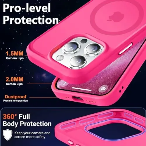 MOCCA Strong Magnetic for iPhone 15 Pro Case, [Compatible with Magsafe][13FT Military Drop Protection] Slim Translucent Matte Shockproof Case for iPhone 15 Pro Phone Case 6.1'', Hot Pink - 5