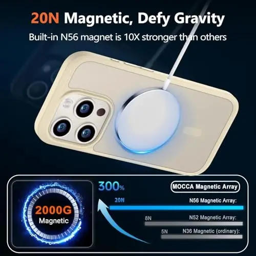 MOCCA Strong Magnetic for iPhone 15 Pro Case, [Compatible with Magsafe][13FT Military Drop Protection] Slim Translucent Matte Shockproof Case for iPhone 15 Pro Phone Case 6.1'', Light Gold - 3