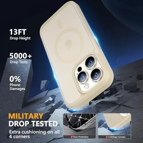 MOCCA Strong Magnetic for iPhone 15 Pro Case, [Compatible with Magsafe][13FT Military Drop Protection] Slim Translucent Matte Shockproof Case for iPhone 15 Pro Phone Case 6.1'', Light Gold - 4