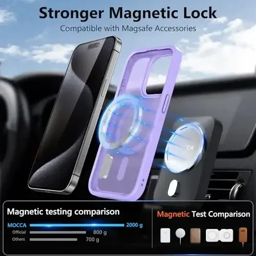 MOCCA Strong Magnetic for iPhone 15 Pro Case, [Compatible with Magsafe][13FT Military Drop Protection] Slim Translucent Matte Shockproof Case for iPhone 15 Pro Phone Case 6.1'', Light Purple - 2