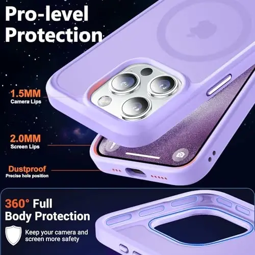 MOCCA Strong Magnetic for iPhone 15 Pro Case, [Compatible with Magsafe][13FT Military Drop Protection] Slim Translucent Matte Shockproof Case for iPhone 15 Pro Phone Case 6.1'', Light Purple - 5