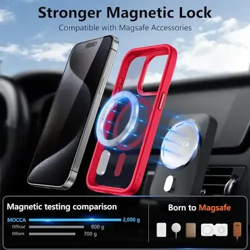 MOCCA Strong Magnetic for iPhone 15 Pro Case, [Compatible with Magsafe][13FT Military Drop Protection] Slim Translucent Matte Shockproof Case for iPhone 15 Pro Phone Case 6.1'', Red - 2