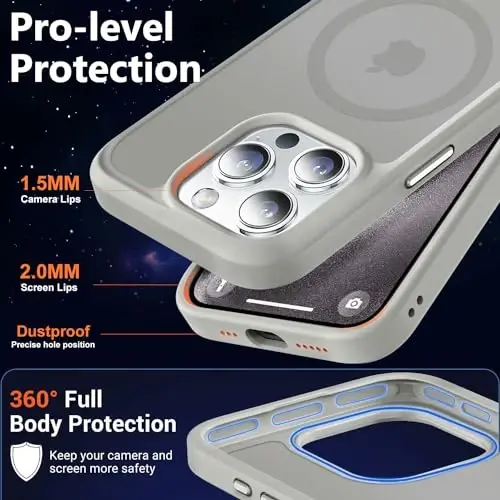 MOCCA Strong Magnetic for iPhone 15 Pro Case, [Compatible with Magsafe][13FT Military Drop Protection] Slim Translucent Matte Shockproof Case for iPhone 15 Pro Phone Case 6.1'', Titanium Gray - 5