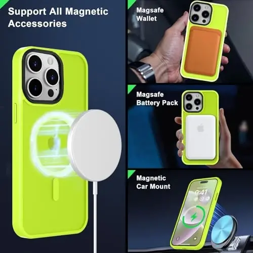 MOCCA Strong Magnetic for iPhone 15 Pro Max Case, [Compatible with Magsafe][13FT Military Drop Protection] Slim Translucent Matte Shockproof Case for iPhone 15 ProMax Case 6.7'', Fluorescent Green - 2