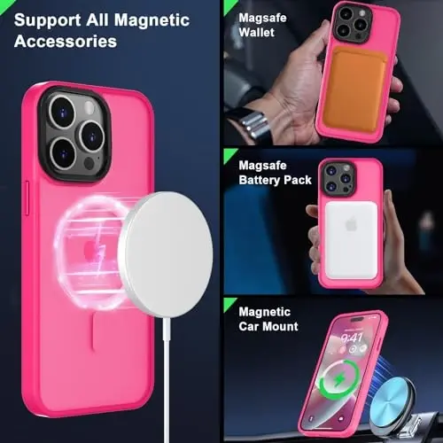 MOCCA Strong Magnetic for iPhone 15 Pro Max Case, [Compatible with Magsafe][13FT Military Drop Protection] Slim Translucent Matte Shockproof Case for iPhone 15 ProMax Case 6.7'' - Hot Pink - MOCCA (1)
