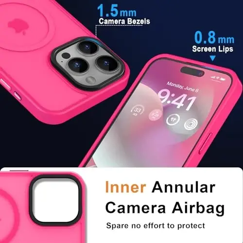 MOCCA Strong Magnetic for iPhone 15 Pro Max Case, [Compatible with Magsafe][13FT Military Drop Protection] Slim Translucent Matte Shockproof Case for iPhone 15 ProMax Case 6.7'' - Hot Pink - 5