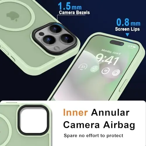 MOCCA Strong Magnetic for iPhone 15 Pro Max Case, [Compatible with Magsafe][13FT Military Drop Protection] Slim Translucent Matte Shockproof Case for iPhone 15 ProMax Case 6.7'', Light Green - 5