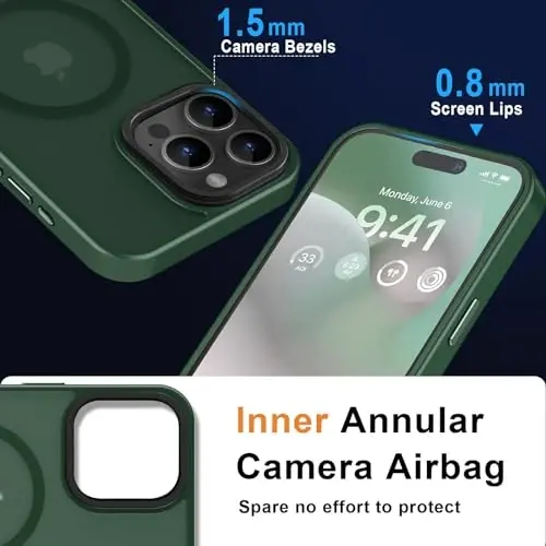 MOCCA Strong Magnetic for iPhone 15 Pro Max Case, [Compatible with Magsafe][13FT Military Drop Protection] Slim Translucent Matte Shockproof Case for iPhone 15 ProMax Case 6.7'', Midnight Green - 5