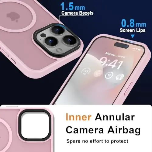 MOCCA Strong Magnetic for iPhone 15 Pro Max Case, [Compatible with Magsafe][13FT Military Drop Protection] Slim Translucent Matte Shockproof Case for iPhone 15 ProMax Case 6.7'' - Pink - 5