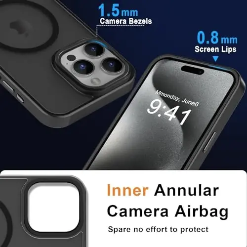 MOCCA Strong Magnetic for iPhone 15 Pro Max Case, [Compatible with Magsafe][13FT Military Drop Protection] Slim Translucent Matte Shockproof Case for iPhone 15 ProMax Case 6.7'',Titanium Black - 5