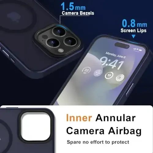 MOCCA Strong Magnetic for iPhone 15 Pro Max Case, [Magsafe bilan mos] [13FT Harbiy tomchidan himoya] Yupqa yarim shaffof matli zarbga chidamli iPhone 15 ProMax Case 6.7'', To'q ko'k - 5