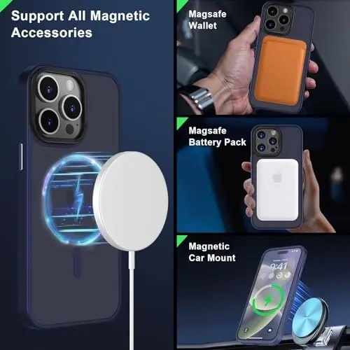MOCCA Strong Magnetic for iPhone 15 Pro Max Case, [Magsafe bilan mos] [13FT Harbiy tomchidan himoya] Yupqa yarim shaffof matli zarbga chidamli iPhone 15 ProMax Case 6.7'', To'q ko'k - 2