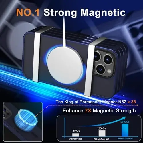 MOCCA Strong Magnetic for iPhone 15 Pro Max Case, [Magsafe bilan mos] [13FT Harbiy tomchidan himoya] Yupqa yarim shaffof matli zarbga chidamli iPhone 15 ProMax Case 6.7'', To'q ko'k - 3