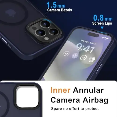 MOCCA Strong Magnetic for iPhone 15 Pro Max Case, [Magsafe bilan mos] [13FT Harbiy tomchidan himoya] Yupqa yarim shaffof matli zarbga chidamli iPhone 15 ProMax Case 6.7'', To'q ko'k - 5