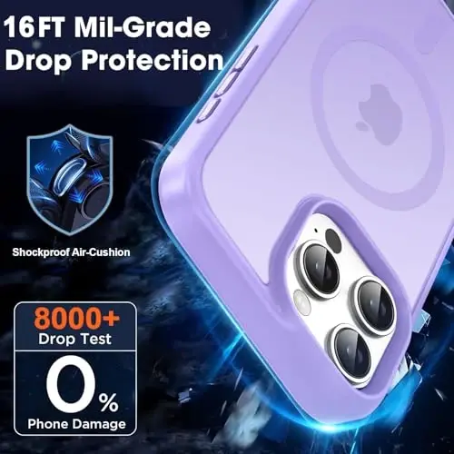 MOCCA Strong Magnetic for iPhone 16 Pro Max Phone Case, [Compatible with Magsafe][16FT Mil-Grade Drop Protection] Slim Translucent Matte Protective Cover Case for iPhone 16 Pro Max Case, Light Purple - 4