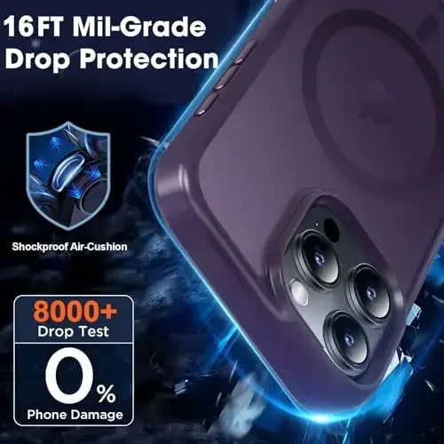 MOCCA Strong Magnetic for iPhone 16 Pro Max Phone Case, [Magsafe bilan mos][16FT harbiy darajadagi tushishdan himoya] iPhone 16 Pro Max uchun ingichka yarim shaffof mat himoya qopqog'i, to'q binafsha - 4
