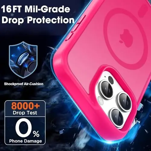 MOCCA Strong Magnetic for iPhone 16 Pro Max Phone Case, [Magsafe bilan mos][16FT harbiy darajadagi tushishdan himoya] iPhone 16 Pro Max uchun nozik yupqa yarim shaffof mat himoya qopqog'i, Hot Pink - 4