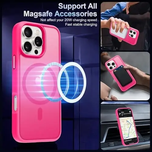 MOCCA Strong Magnetic for iPhone 16 Pro Phone Case, [Compatible with Magsafe][16FT Mil-Grade Drop Protection] Slim Thin Translucent Matte Protective Cover Case for iPhone 16 Pro Case, Hot Pink - 2