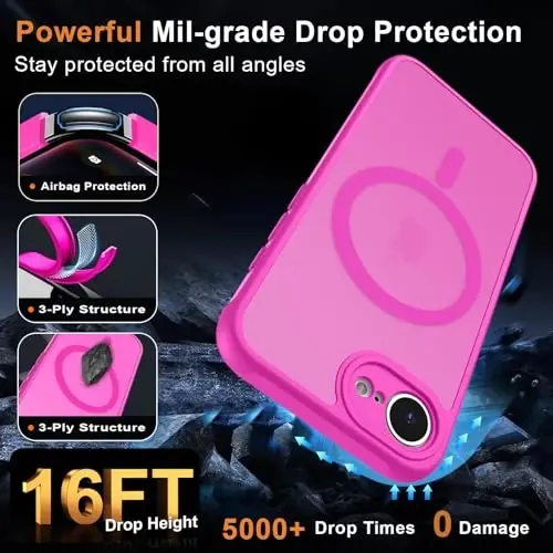 MOCCA Strong Magnetic for iPhone 16e Case [Compatible with Magsafe] [Full Camera Protection] Slim Translucent Matte Shockproof Cover for iPhone 16e Phone Case 6.1'',Hot Pink - 5