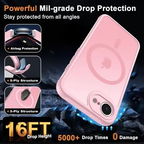 MOCCA Strong Magnetic for iPhone 16e Case [Compatible with Magsafe] [Full Camera Protection] Slim Translucent Matte Shockproof Cover for iPhone 16e Phone Case 6.1'',Pink - 5