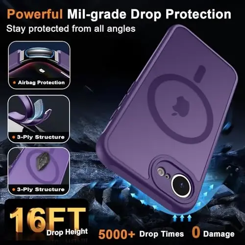 MOCCA Strong Magnetic for iPhone 16e Case [Magsafe bilan mos] [Toʻliq kamera himoyasi] iPhone 16e Phone Case 6.1'' uchun ingichka yarim shaffof mat zarbga chidamli qopqoq, Deep Purple - 5
