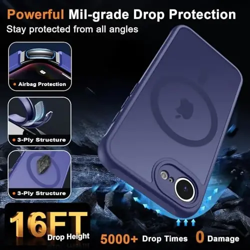 MOCCA Strong Magnetic for iPhone 16e Case [Magsafe bilan mos] [To'liq kamera himoyasi] iPhone 16e Phone Case 6.1'' uchun ingichka yarim shaffof mat zarbga chidamli qopqoq, To'q ko'k - 5