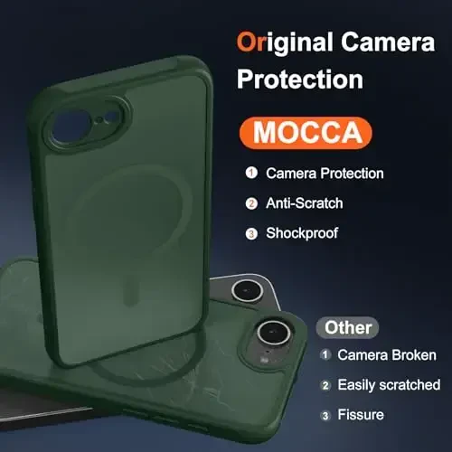 MOCCA Strong Magnetic for iPhone 16e Case [Magsafe bilan mos] [To'liq Kamera Himoyasi] iPhone 16e Phone Case 6.1'' uchun Yupqa Yarim Shaffof Mat Zarbga chidamli G'ilof, Midnight Green - 3