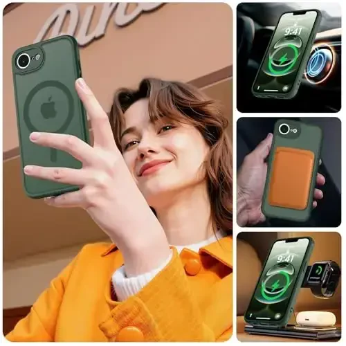 MOCCA Strong Magnetic for iPhone 16e Case [Magsafe bilan mos] [To'liq Kamera Himoyasi] iPhone 16e Phone Case 6.1'' uchun Yupqa Yarim Shaffof Mat Zarbga chidamli G'ilof, Midnight Green - 6