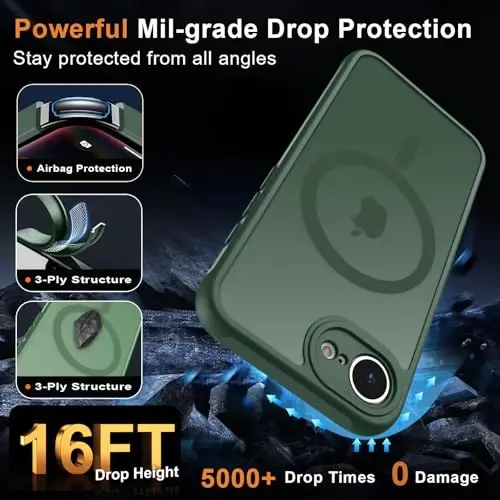 MOCCA Strong Magnetic for iPhone 16e Case [Magsafe bilan mos] [To'liq Kamera Himoyasi] iPhone 16e Phone Case 6.1'' uchun Yupqa Yarim Shaffof Mat Zarbga chidamli G'ilof, Midnight Green - 5