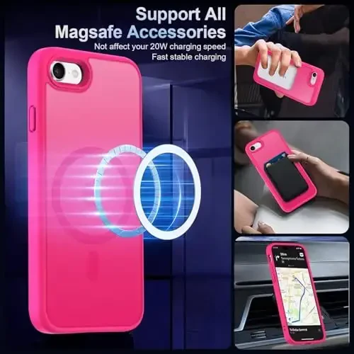 MOCCA Strong Magnetic for iPhone SE Case 2022/iPhone SE 2020 Case/iPhone 7 Case/iPhone 8 Case [Compatible with Magsafe] Slim Thin Translucent Matte Protective Cover Phone Case 4.7'', Hot Pink - 2