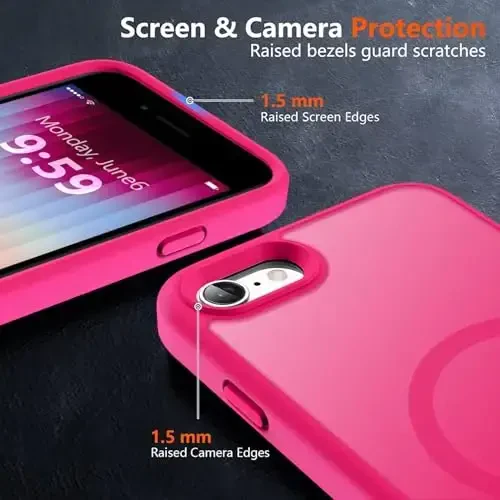 MOCCA Strong Magnetic for iPhone SE Case 2022/iPhone SE 2020 Case/iPhone 7 Case/iPhone 8 Case [Compatible with Magsafe] Slim Thin Translucent Matte Protective Cover Phone Case 4.7'', Hot Pink - 5