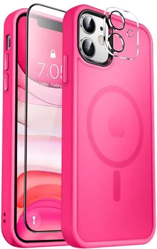 MOCCA Strong Magnetic iPhone 11 Case, [MagSafe Compatible][Glass Screen Protector+Camera Lens Protector] Slim Thin Shockproof Cover Case for iPhone 11 6.1 inch, Hot Pink - 1