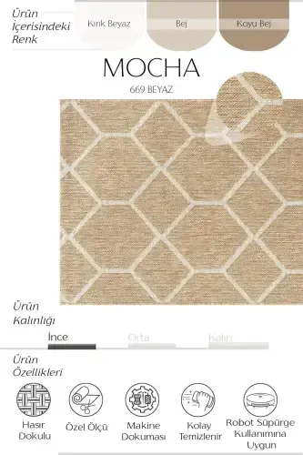 Mocha 669 Oq Havo To'z Bermas Tozalangan Jut Hasir Ko'rinishli Zamonaviy Kesma Gilam-Oq 2 - COOL HALI (1)