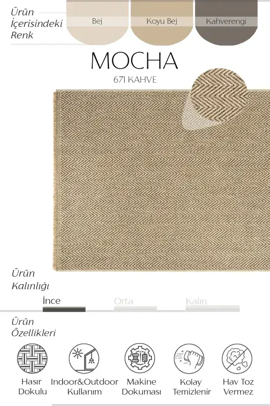 Mocha 671 Coffee Carpet Rug Living Room Kitchen Hallway Cut Runner Jute Woven Machine Carpet-Coffee - 3